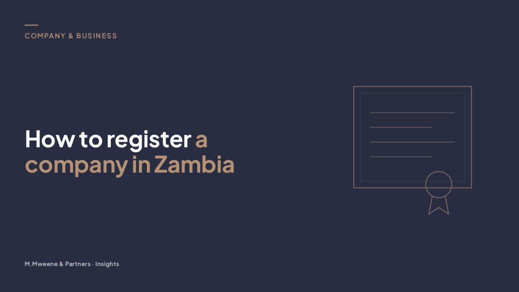Cover for the guide “How to register a company in Zambia”, with a line drawing of a certificate and seal