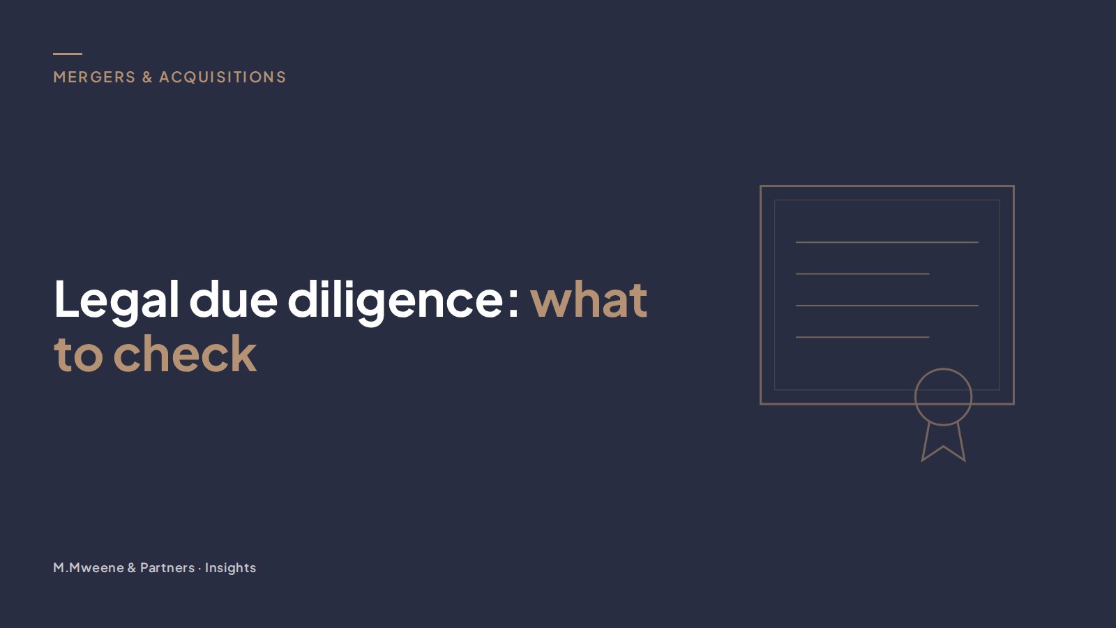 Cover for the guide “Legal due diligence: what to check”, with a line drawing of a certificate and seal