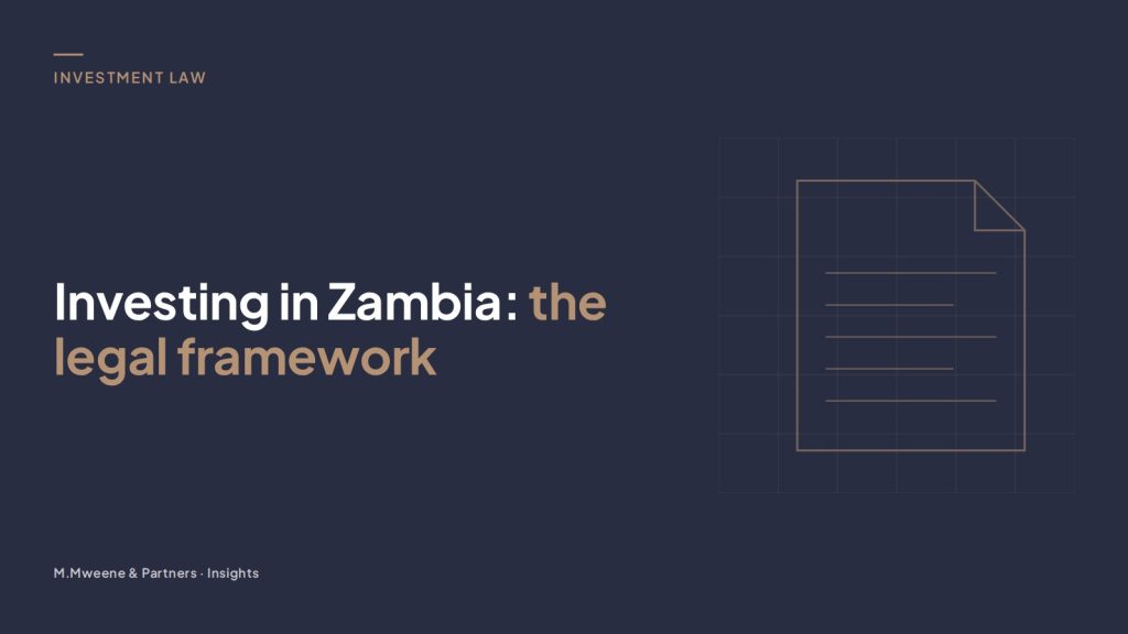 Cover for the guide “Investing in Zambia: the legal framework”, with a line drawing of a document on a grid