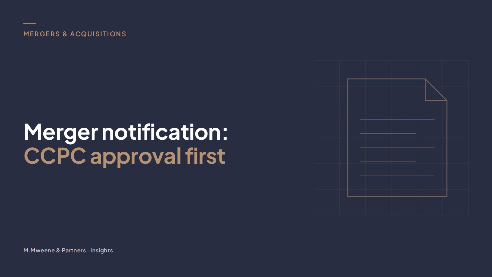Cover for the guide “Merger notification: CCPC approval first”, with a line drawing of a document on a grid