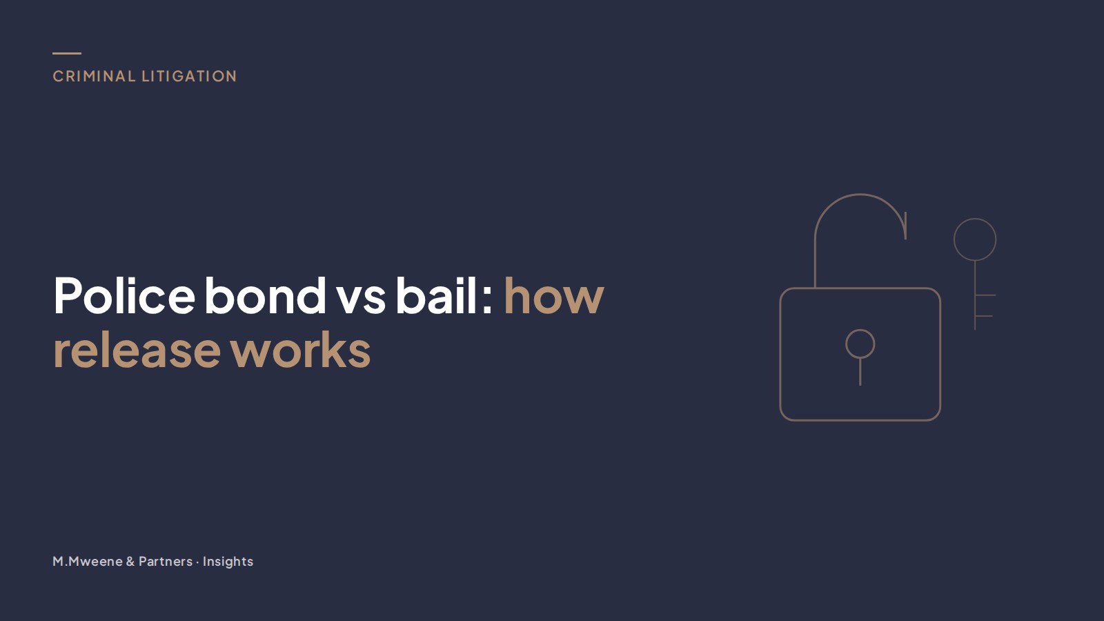Cover for the guide “Police bond vs bail: how release works”, with a line drawing of an open padlock and key