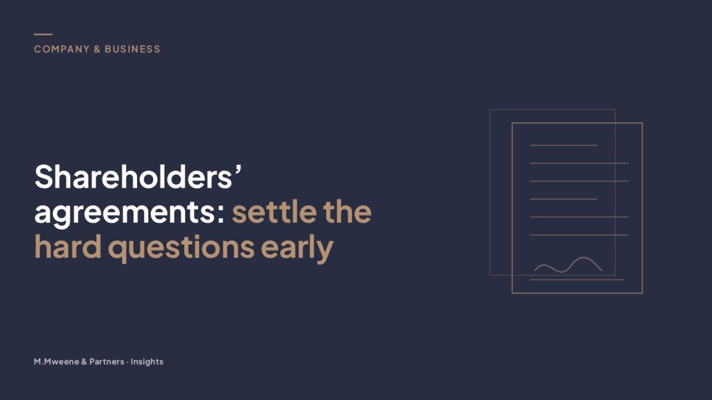 Cover for the guide “Shareholders’ agreements: settle the hard questions early”, with a line drawing of two overlapping signed documents